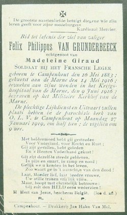 bidprentje Felix Philippus Van Grunderbeeck