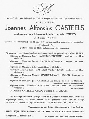 Doodsbrief Joannes Alphonsus Casteels