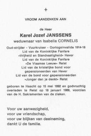 Herdenkingsprentje Karel Jozef Janssens