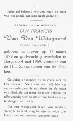 Doodsprentje Joannes (Jan) Franciscus Van den Wijngaerd