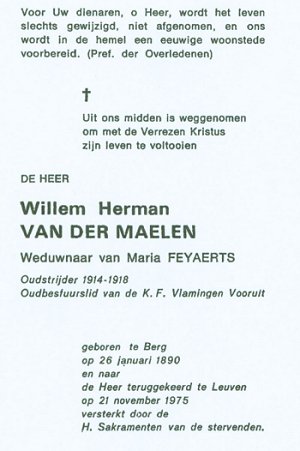 Bidprentje Willem Herman Van der Maelen